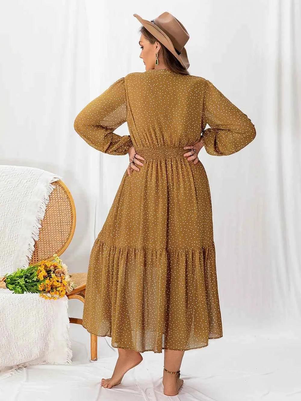 Plus Size Polka Dot Tie Neck Balloon Sleeve Maxi Dress bc5cef8e-73a2-4265-9afe-14deb167f7e8-Max
