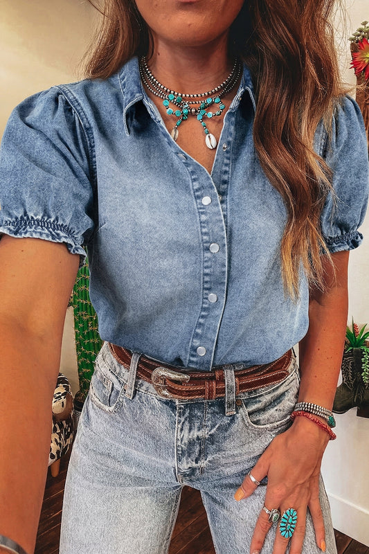 Beau Blue Frilled Short Sleeve Snap Button Denim Shirt Beau Blue 74.7%Cotton+16.5%Polyester+8.8%Regenerated Fibre bc60ac3c5e23a8f6