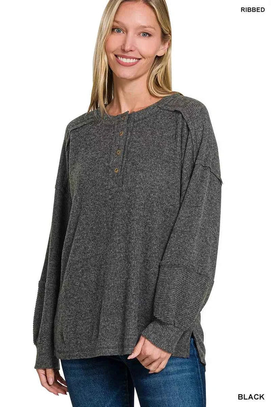 Zenana Full Size Ribbed Brushed Hacci Melange Henley Sweater Plus Size BLACK bc63303b-fc41-421a-bbae-88da1080ea60-Max-Origin