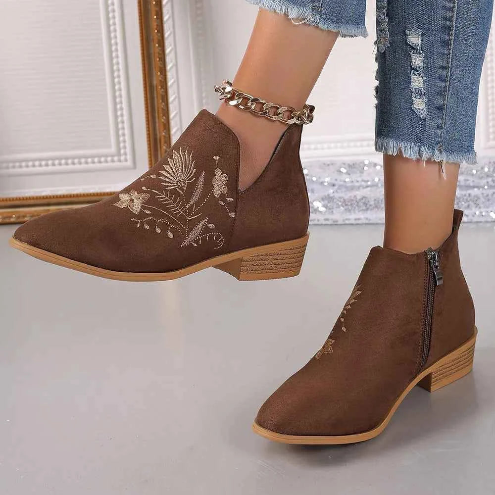 Embroidered Suede Point Toe Block Heel Boots bc63ceb3-c73c-4440-9799-fc3b4189414e-Max
