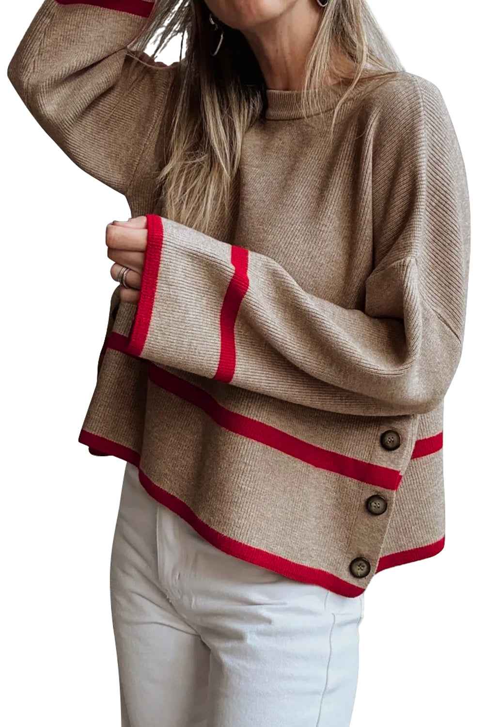 Beige Ribbed Knit Contrasted Stripe Detail Button Side Loose Sweater bc6dd6d971fb990a