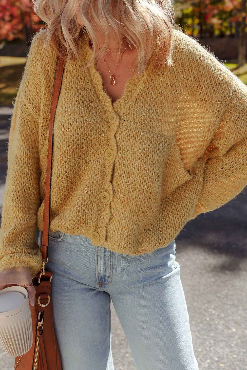 Light French Beige Lantern Sleeve Scallop V Neck Buttoned Front Cardigan bc6e44e786fd7a36