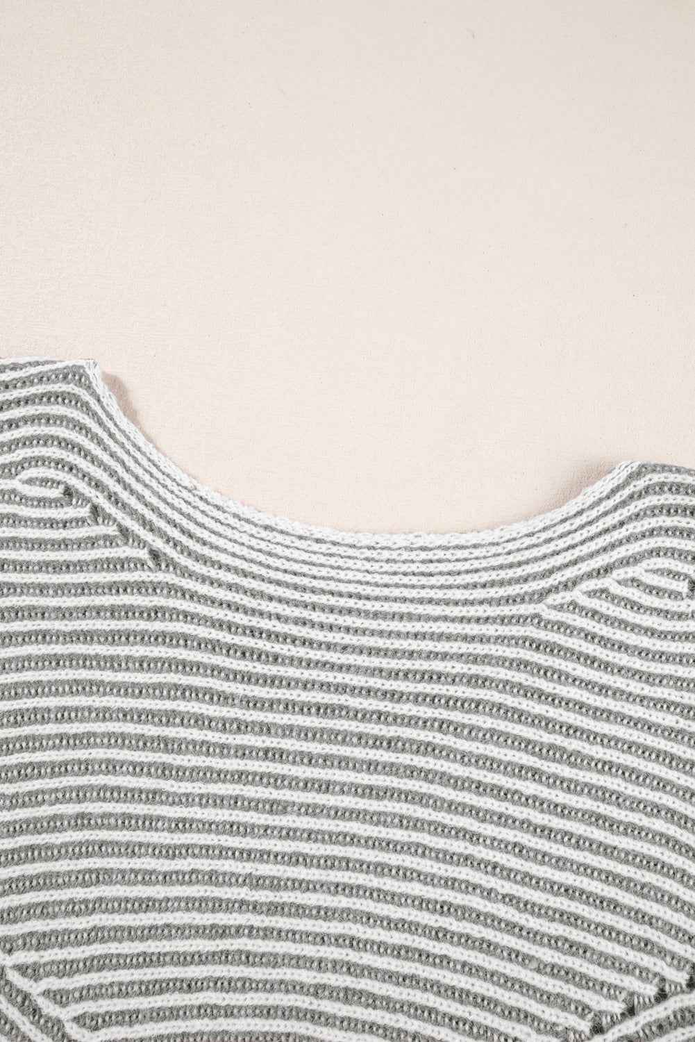 Light French Beige Striped Print Ribbed Knit Raglan Sleeve Baggy Sweater bc6ecc4cf3649fe5