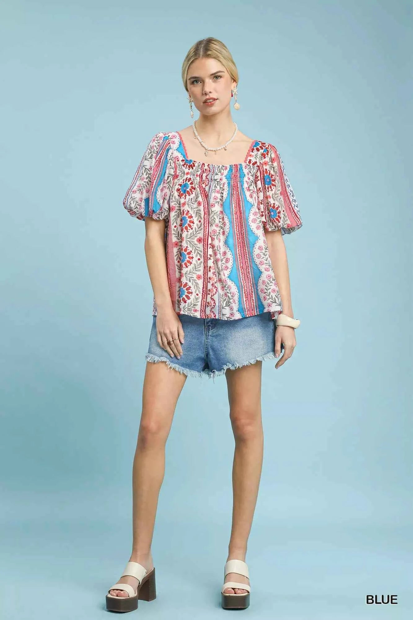 Umgee Patchwork Puff Sleeve Smocked Blouse bc6ffd1f-041c-4f5b-b682-7a344f3a2036-Max-Origin