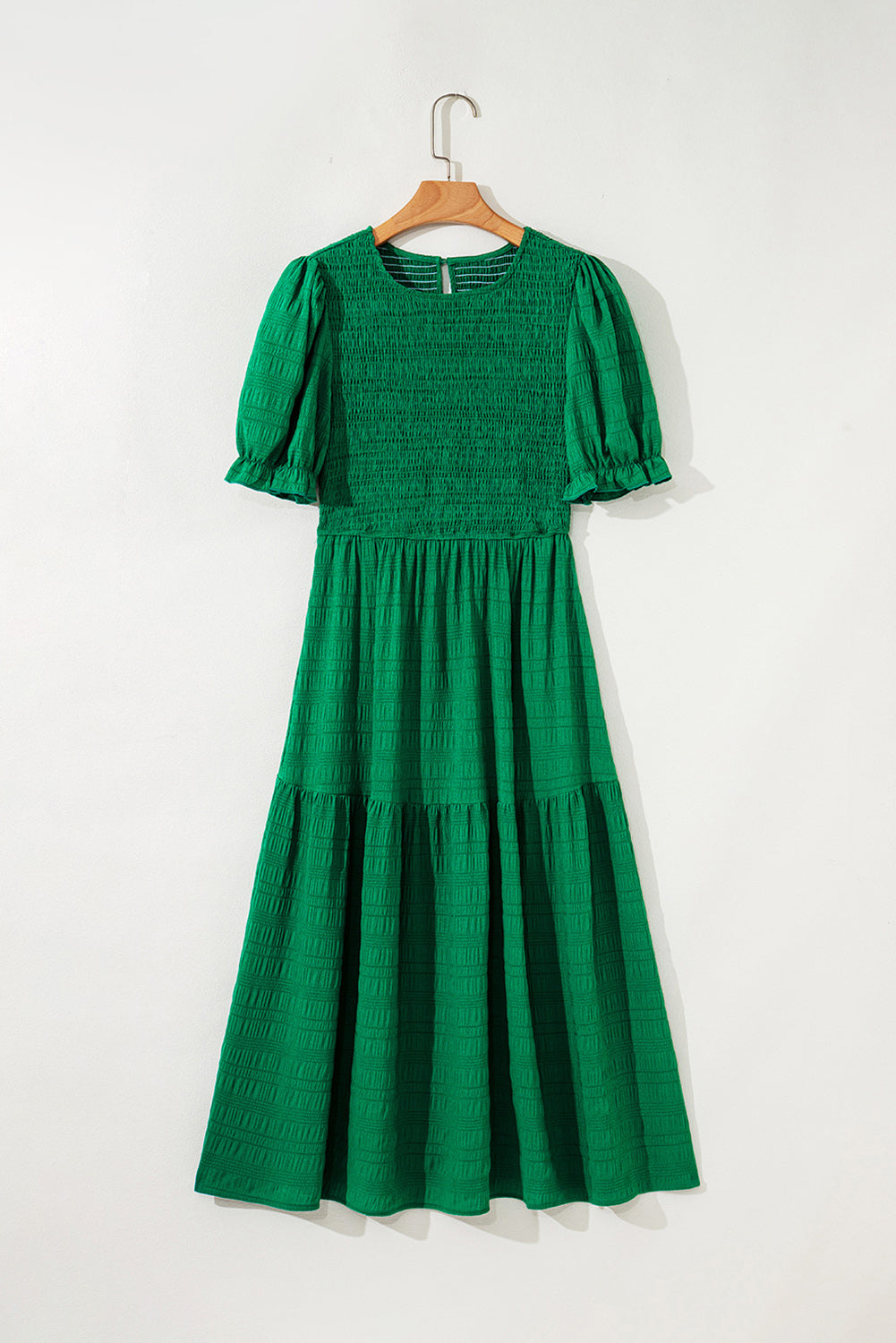 Sail Blue Solid Textured Smocked High Waist Midi Dress bc703028979865ce