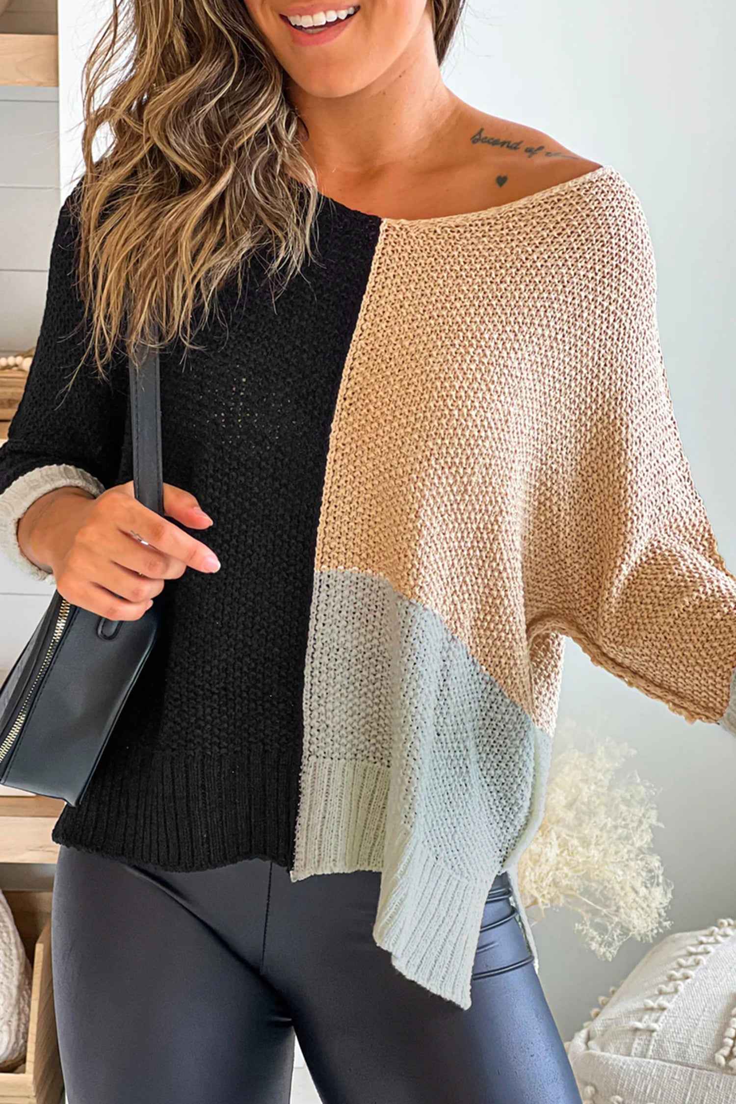 Chestnut Color Block Knit V Neck Loose Sweater bc724bb828792feb