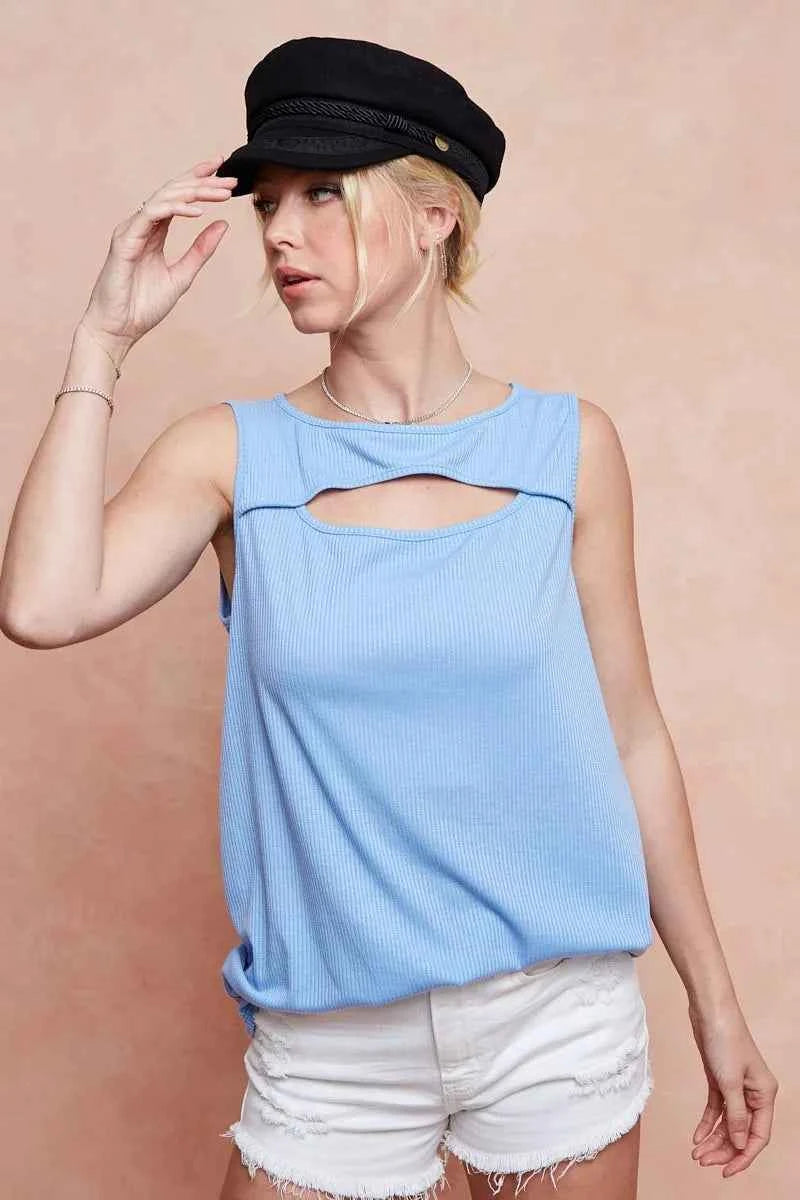 Soft Rib Knit with Cut Out Front Sleeveless Top bc771d5abff54f1999b28b3e14deb05f-Max-Origin