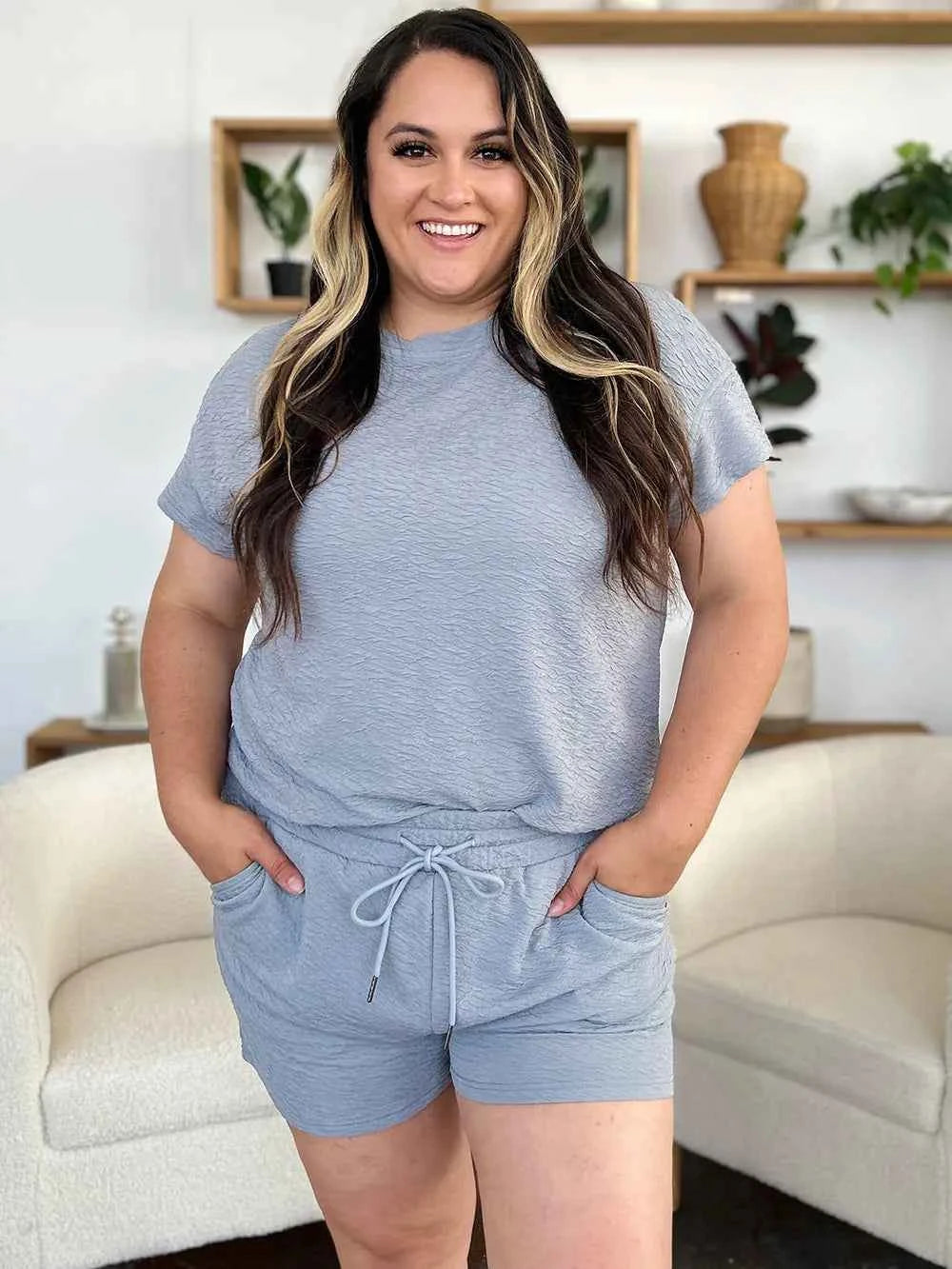Double Take Full Size Texture Short Sleeve T-Shirt and Drawstring Shorts Set bc774db2-a395-4c56-a543-adbef69b96f1-Max