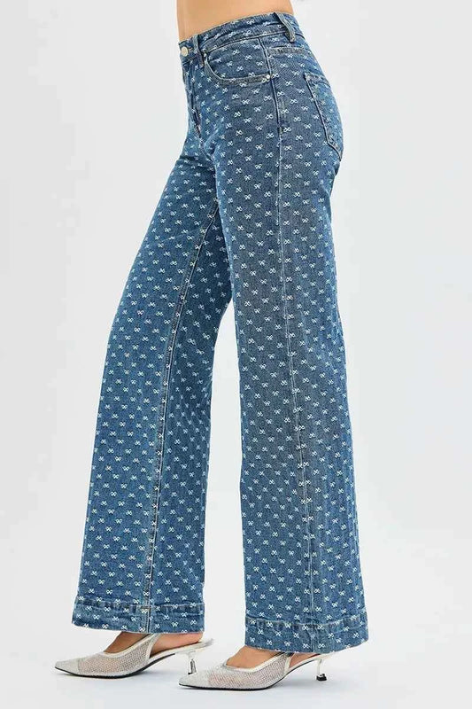 High Rise Wide Leg Bow Embroidered Jeans bc84b0ec07234bae845afe8203be6245-Max-Origin