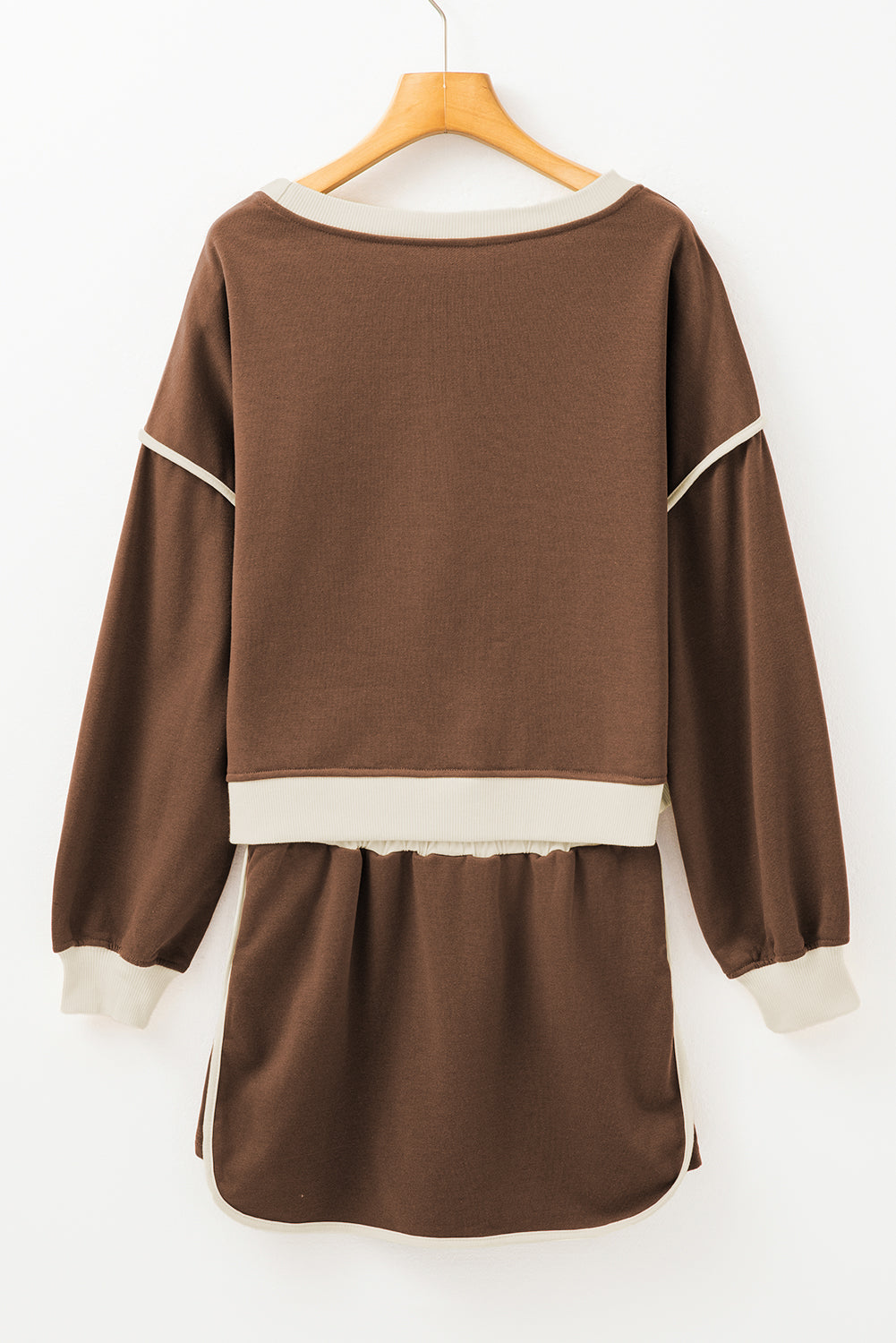 Coffee Contrast Trim Loose Pullover and Lace-up Waist Skort Set bc8ca36d6e1a1a6e