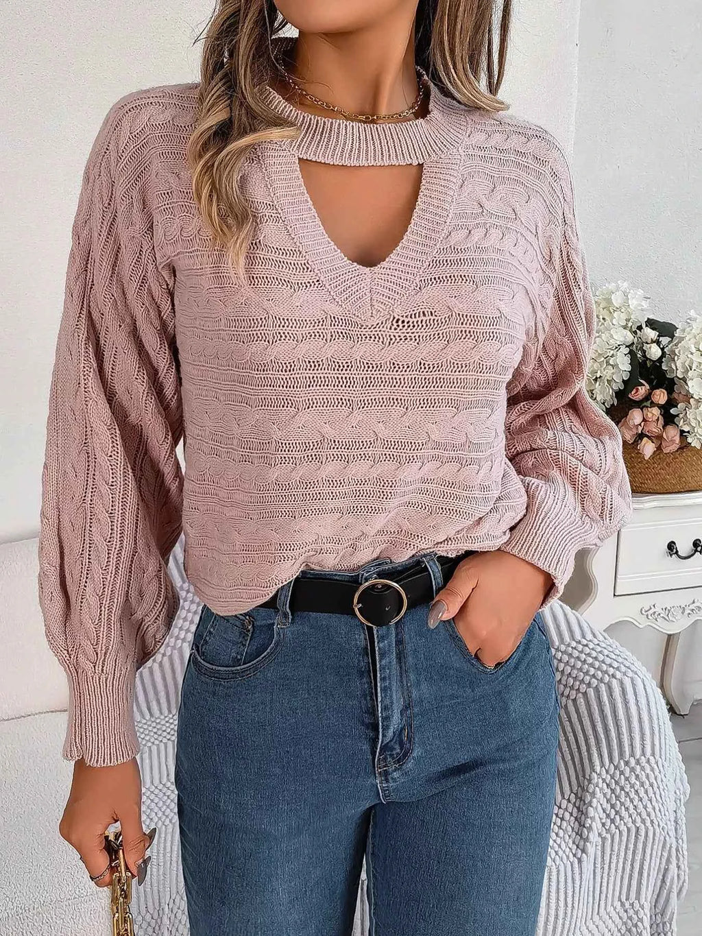 Cable-Knit Cutout Round Neck Sweater bc8cef3e-0c68-465f-96ec-980f3b724ba6-Max-Origin