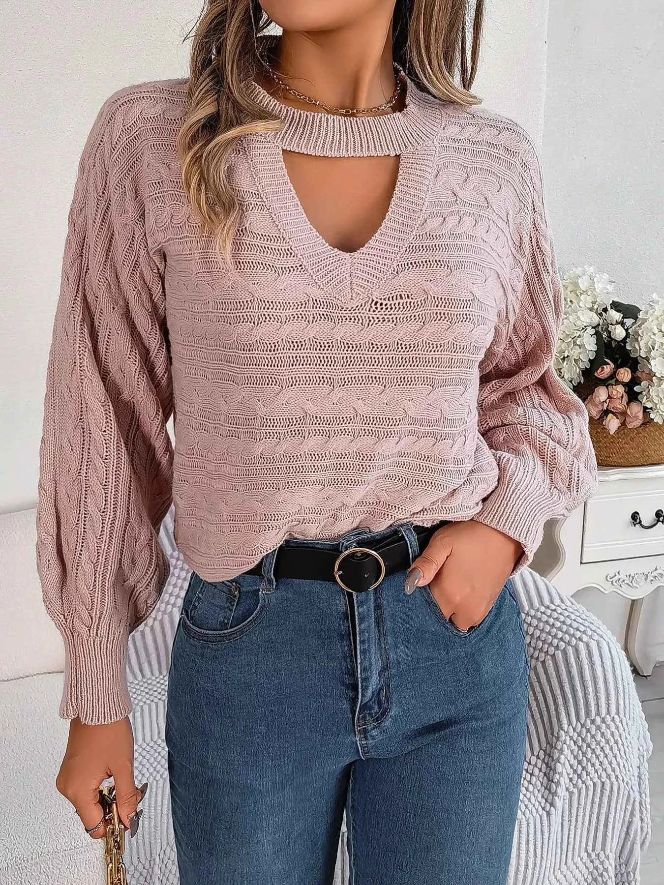 Cable-Knit Cutout Round Neck Sweater bc8cef3e-0c68-465f-96ec-980f3b724ba6-Max-Origin