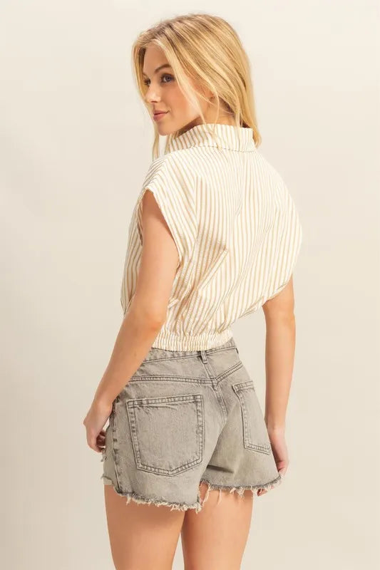Striped Elastic Hem Jnny Collar Cap Sleeve Blouse bc93eb83-570f-4a2d-84b7-b572f19e4e93-Max