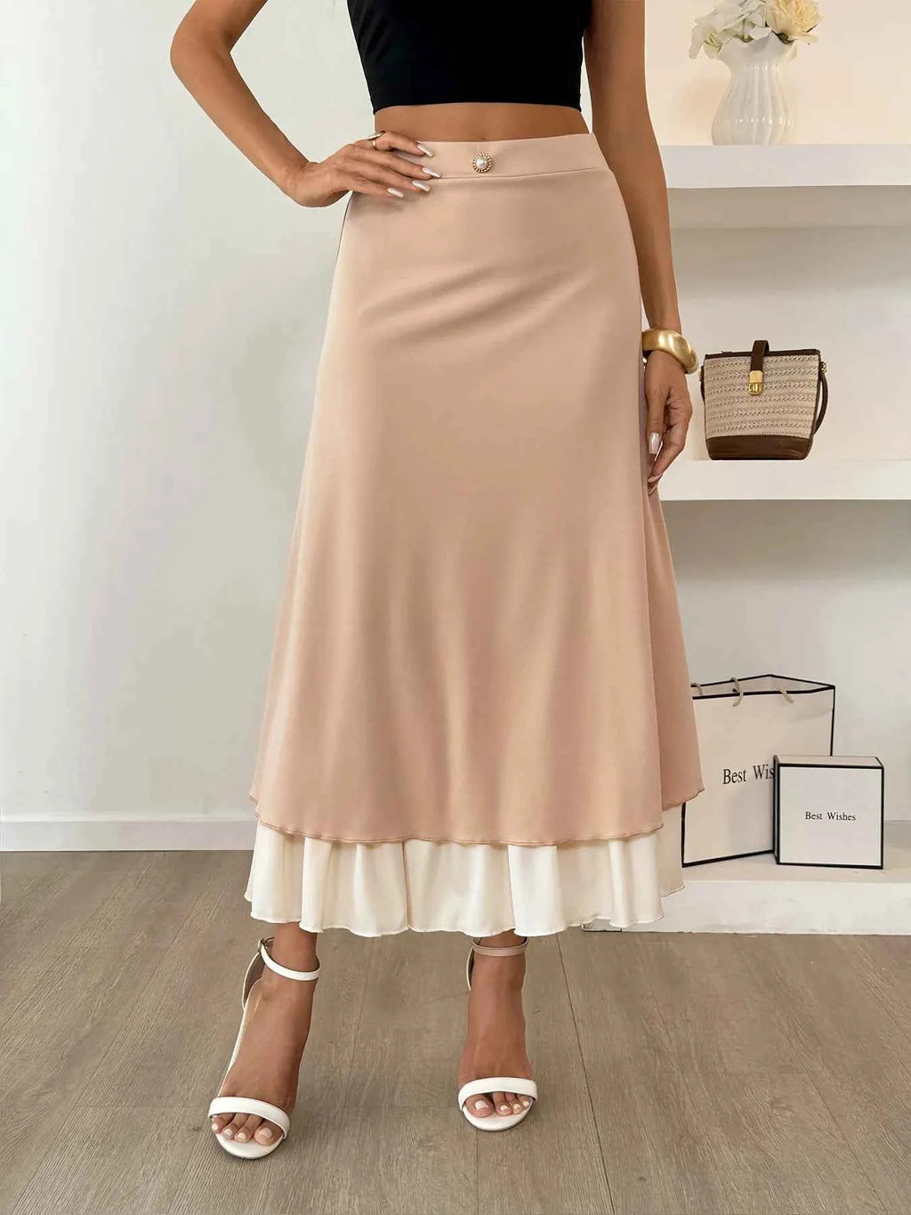 Layered Midi Skirt with Contrast Hem Detail Khaki bc974b3e345142e0917bfea1ad7f7ecc-Max-Origin