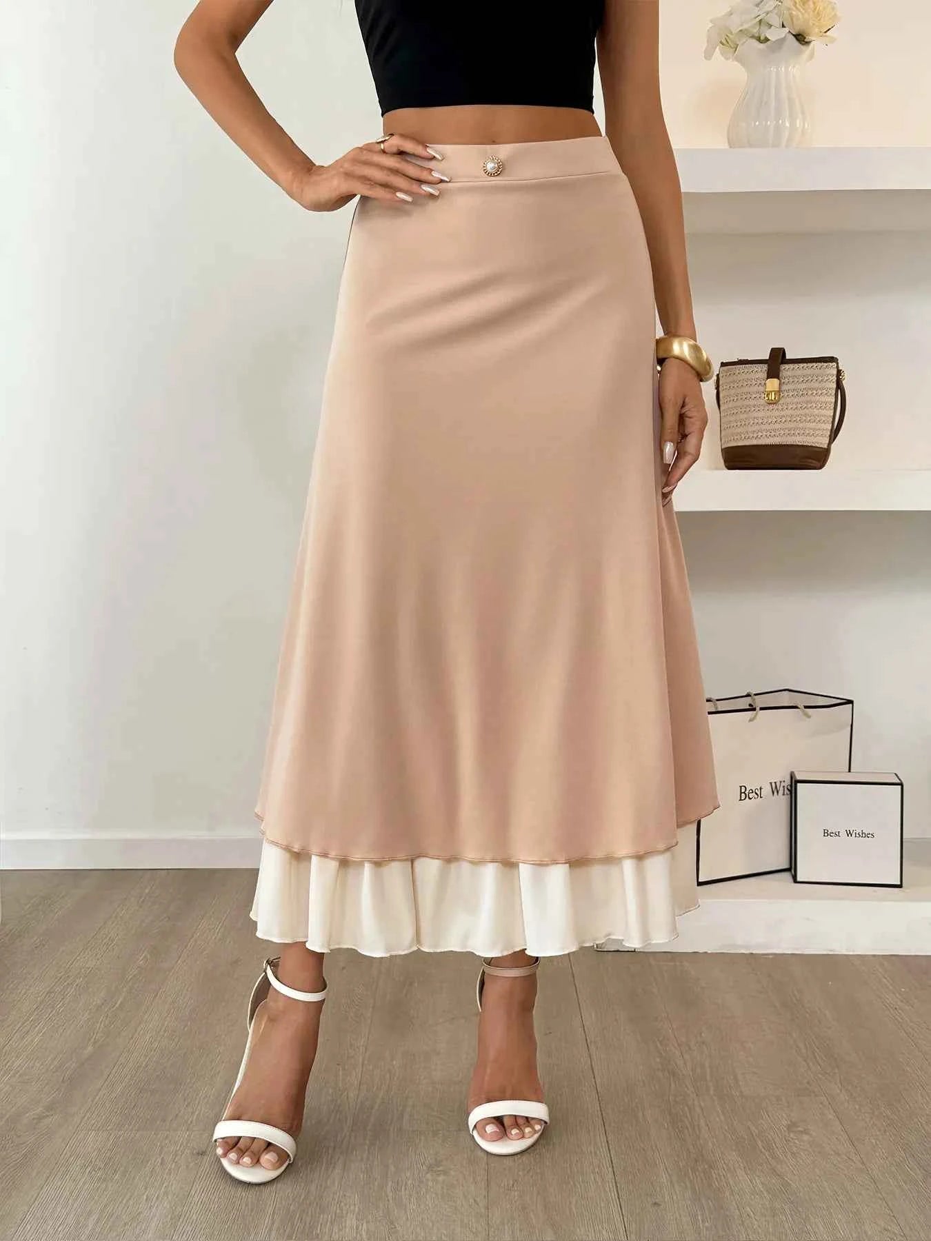 Layered Midi Skirt with Contrast Hem Detail Khaki bc974b3e345142e0917bfea1ad7f7ecc-Max-Origin