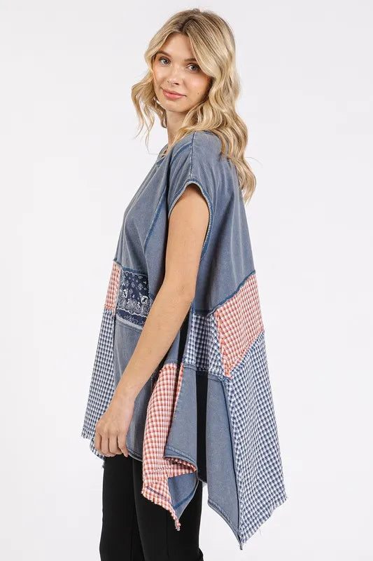 Patchwork Mineral Washed Round Neck Cap Sleeve Top bc9b28f2-9339-43a8-b420-7039915d96c8-Max