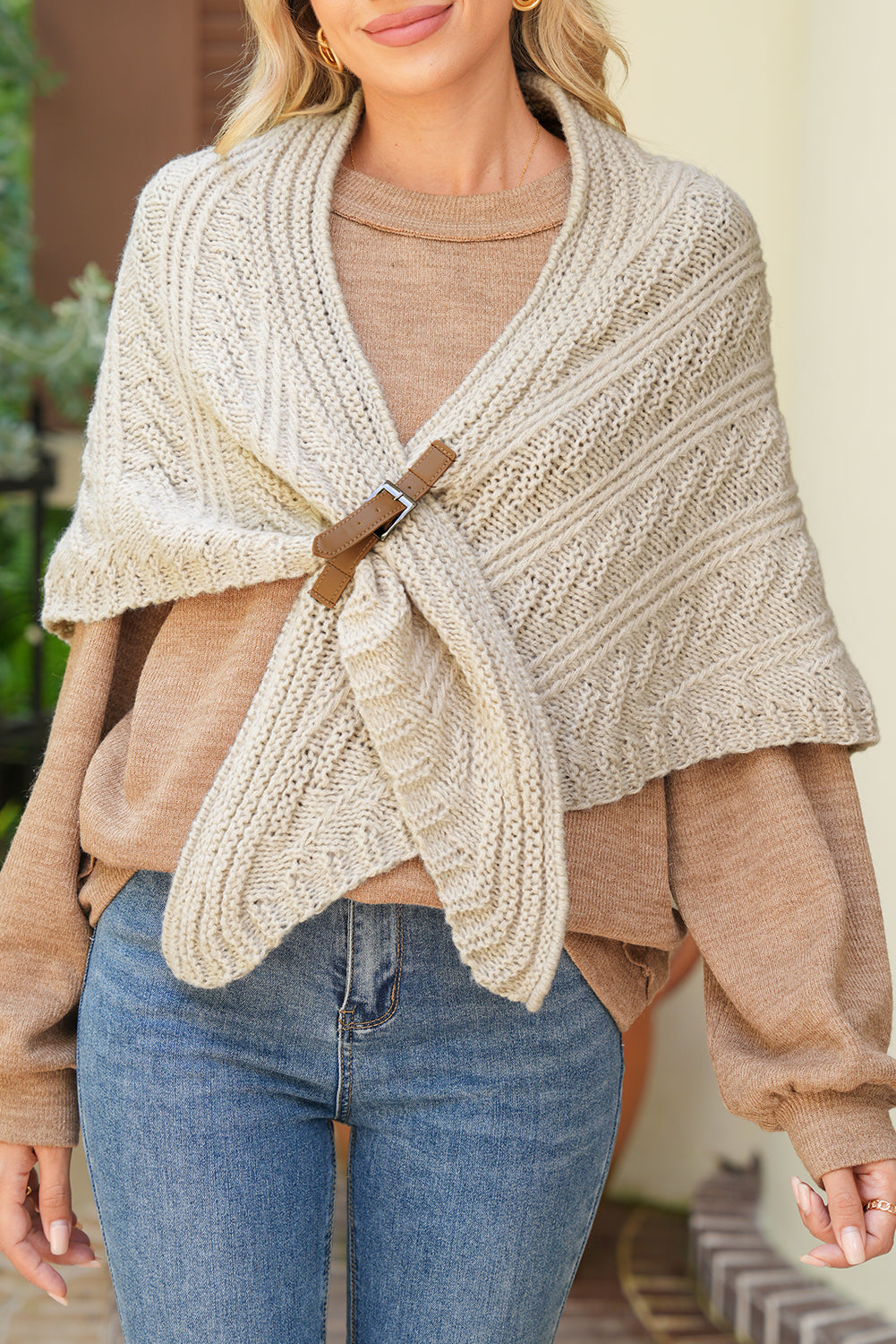Parchment Knitted Triangle Shawl Tippet With Buckle bca059deca40efbe