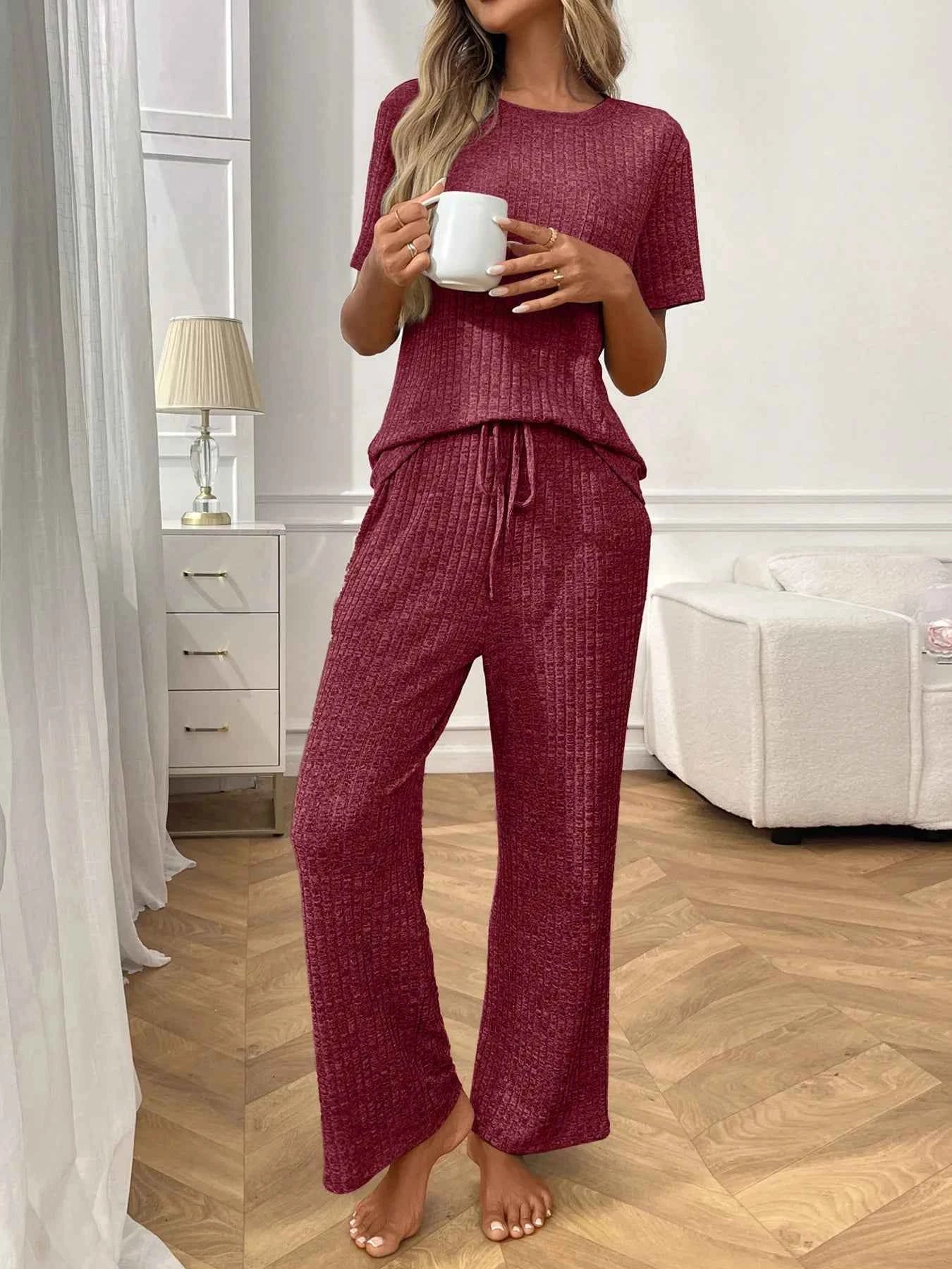 Ribbed Knit Short Sleeve Top and Pants Lounge Set Wine Red bca091d936c142a897698a40bd0d1745-Max-Origin