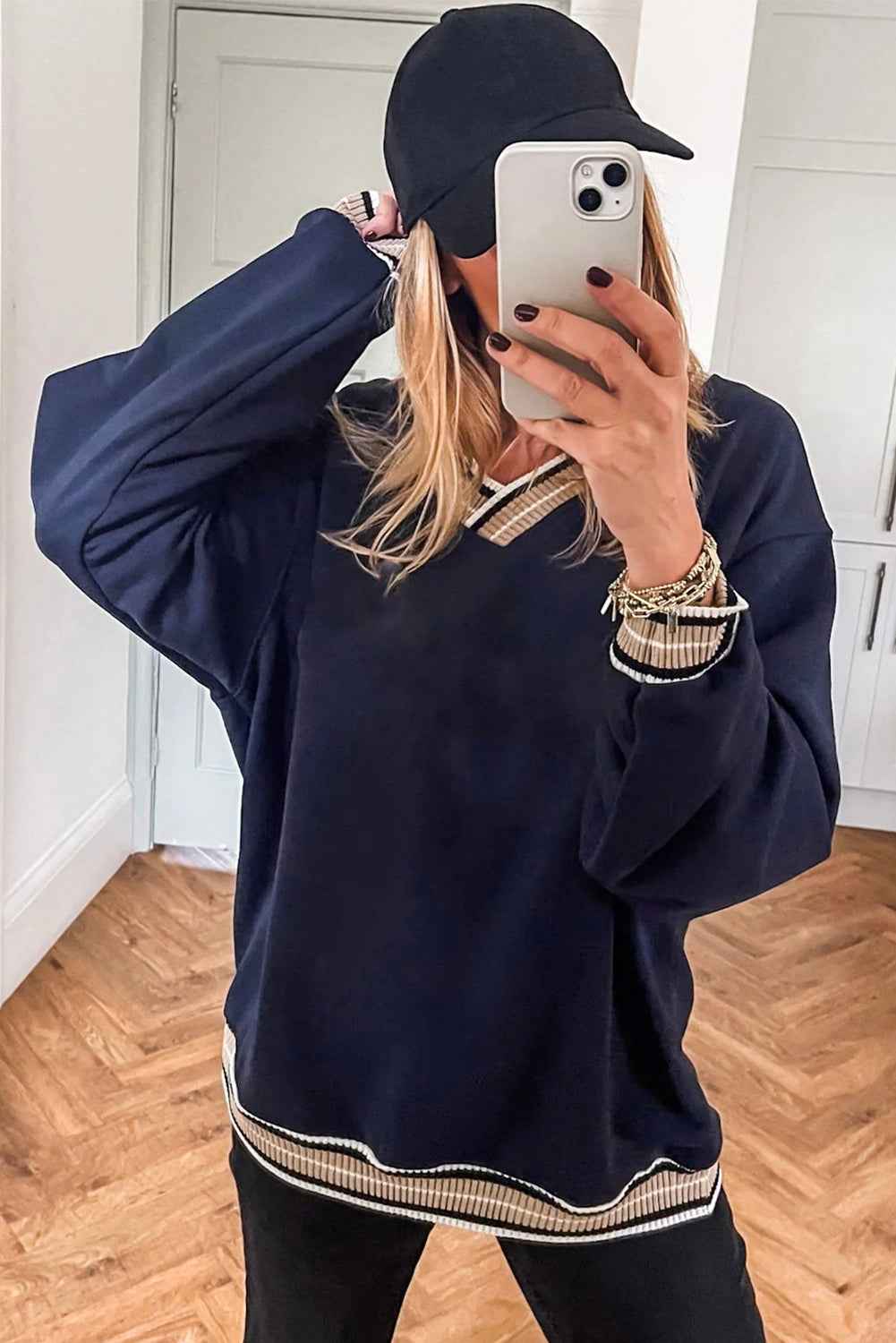 Parchment Varsity Contrast Trim V Neck Sweatshirt bca127b058f4c840