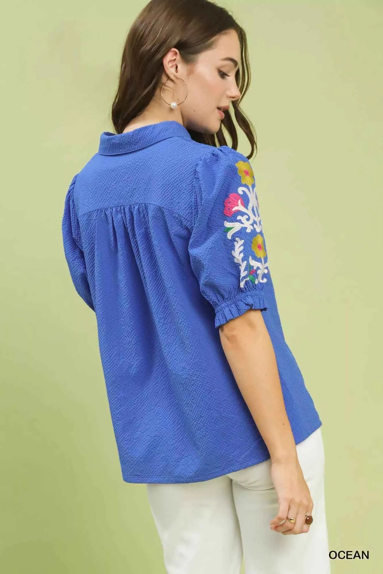 Umgee Seersucker Embroidered Sleeve Blouse bcad454d-83b6-47c7-b31d-8fc957b7e455-Max-Origin