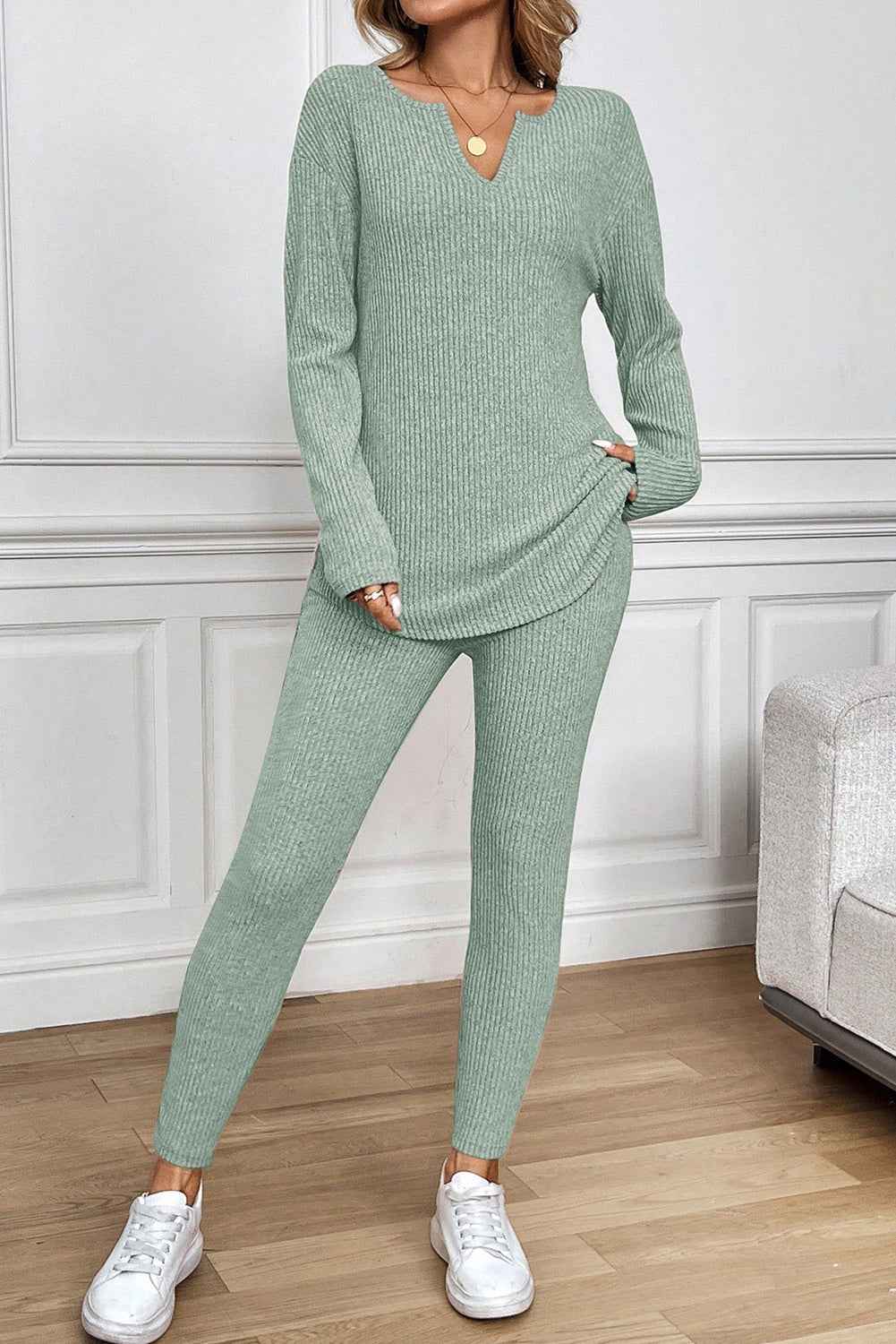 Racing Red Ribbed Notched Neck Knit Long Sleeve Leggings Two Pieces Lounge Set bcadbadf599e2f15