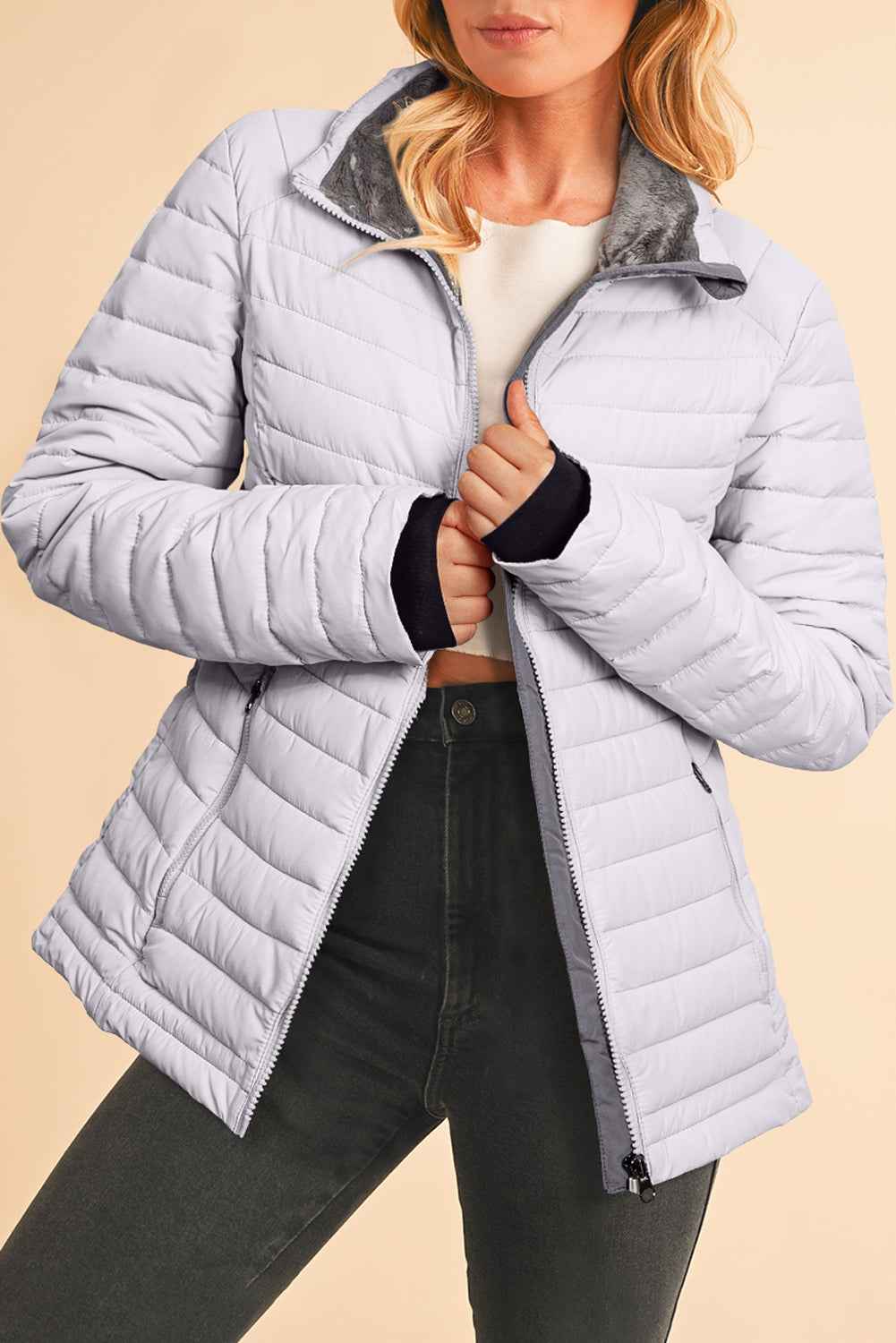 Silvery Solid Color Quilted Zip-up Puffer Jacket bcb39b698eebd5de
