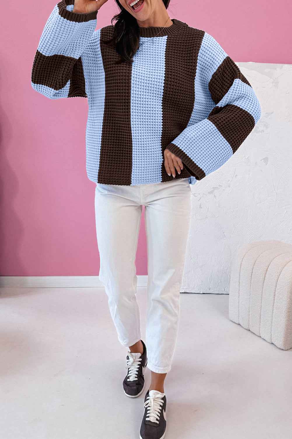 Myosotis Striped Color Block Thermal Textured Knit Drop Shoulder Sweater bcbdf21d0c112f41