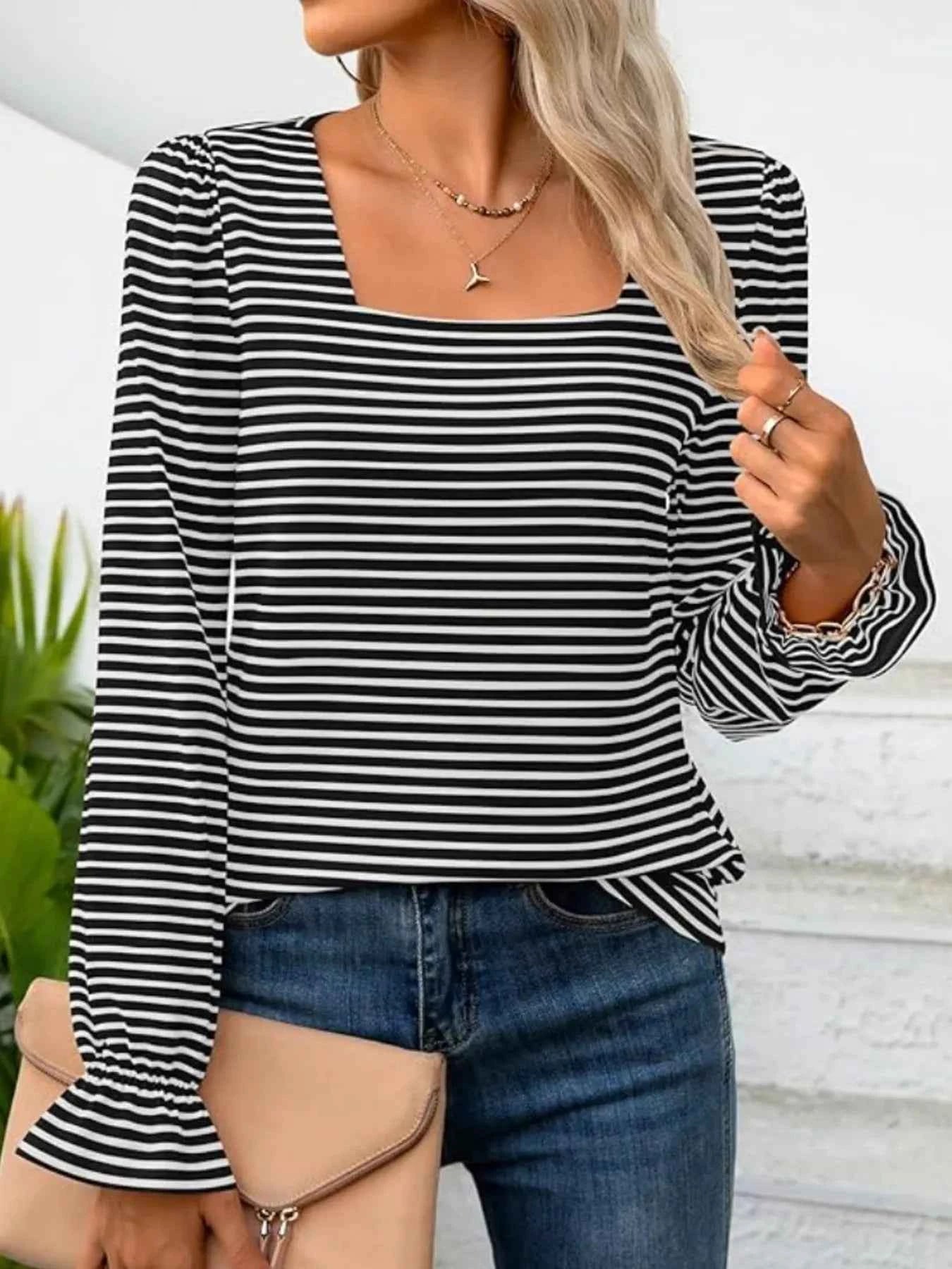 Striped Long Sleeve T-Shirt with Square Neckline Black bcccf8a700c64cfeac3a13d252242329-Max-Origin
