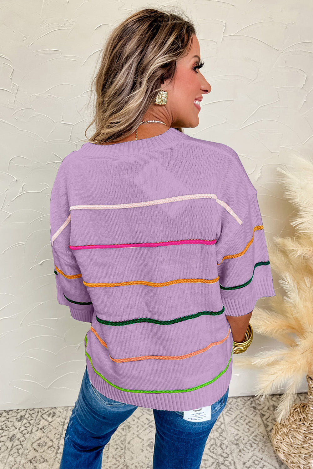 Orchid Petal Striped Half Sleeve Drop Shoulder Sweater bcd46fbfe3e84c01