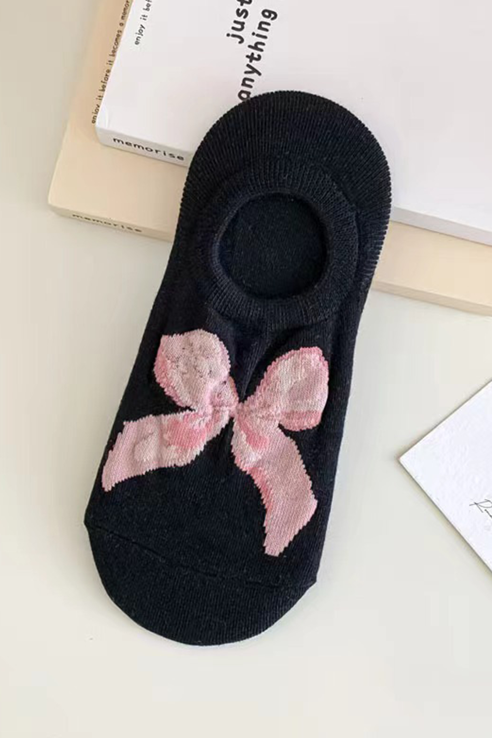 Pink Bow Print Boat Socks Black ONE SIZE bcd91d3ea1fd9f2e