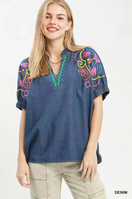Embroidered Denim Puff Sleeve Top DENIM bce87f72-d4ed-4881-9945-9491a06758b6-Max-Origin