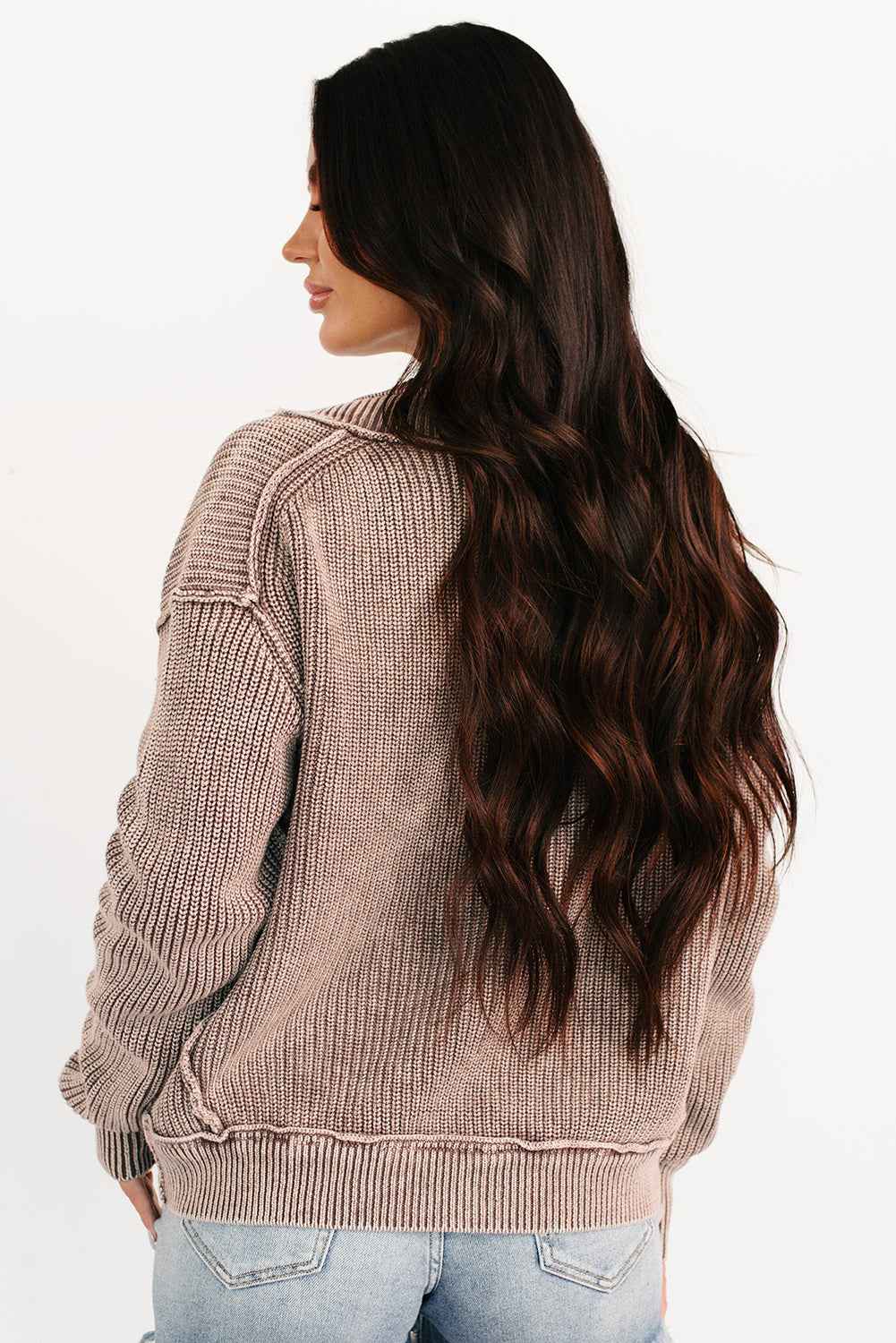 Chestnut Mineral Wash Exposed Seam Patchwork Knit Open Sweater Cardigan bce9ce77dc7a1e3d