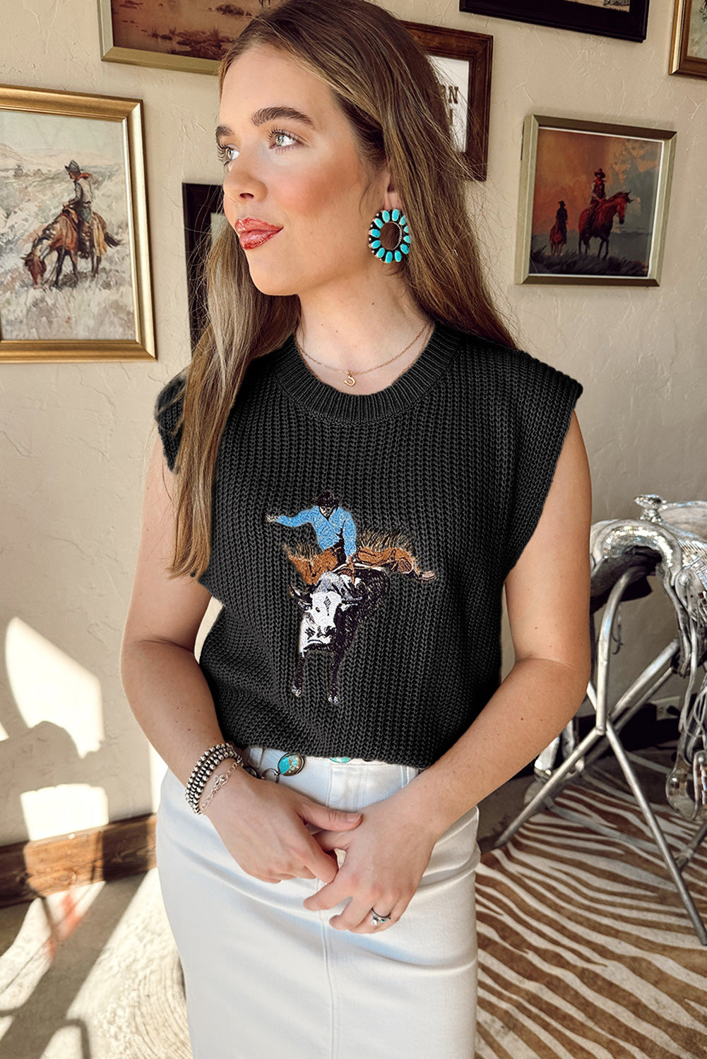 Black Western Cowboy Embroidery Round Neck Sleeveless Sweater bcea6a54e937cc28