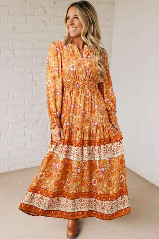 Boho Floral Smocked Waist Long Sleeve Maxi Dress Orange bcf4292f-79c5-454a-bf2b-d8aa0d004086