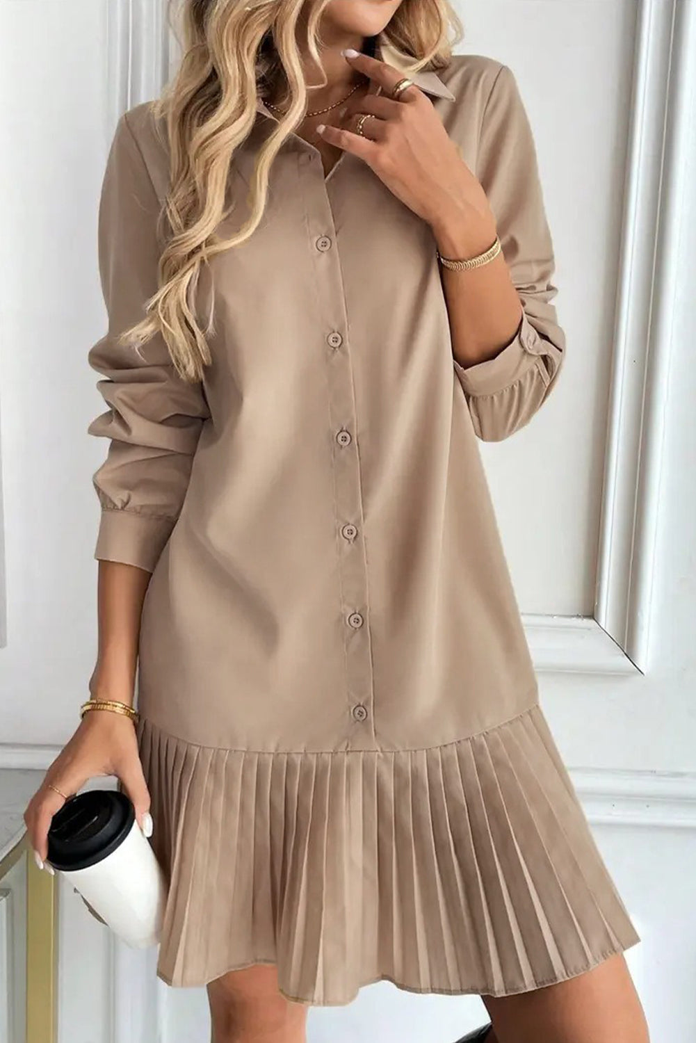 Smoke Gray Long Sleeve Pleated Shirt Dress bcf4b94d605f6a21