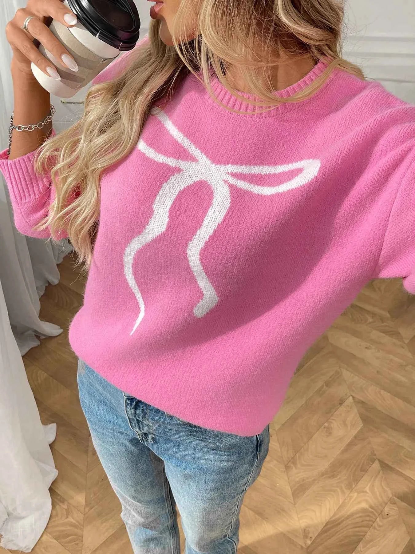 Bow Graphic Ribbed Hem Round Neck Sweater bcf5d1e3842544fc9a7656650ec375ed-Max-Origin