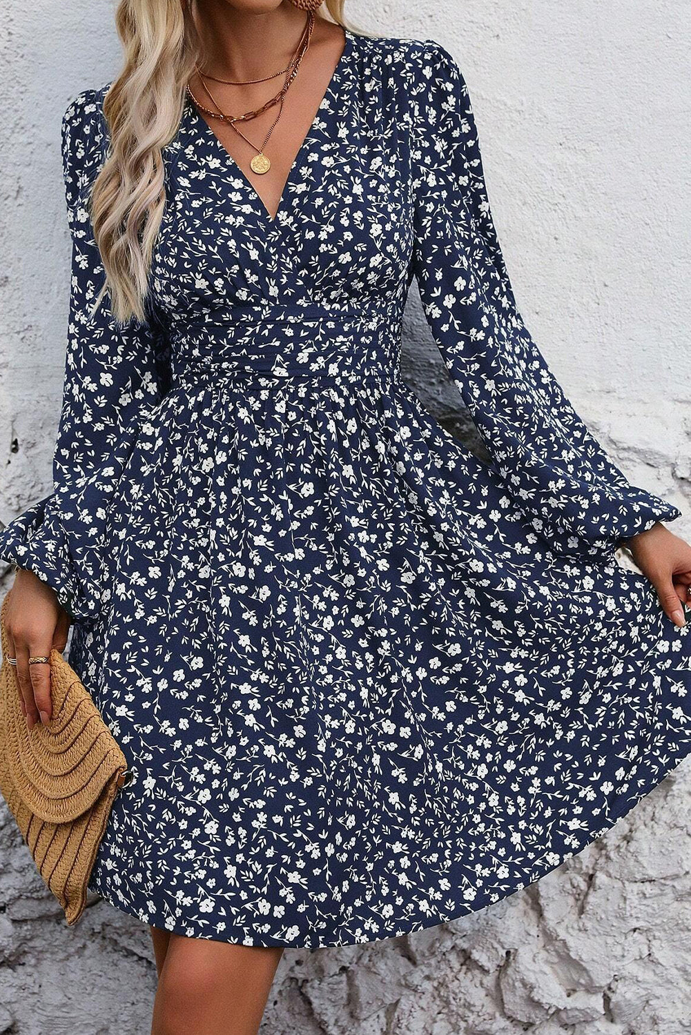 Dirty Blue Floral Print V Neck Long Sleeve Mini Dress bcf713ba389d52c1