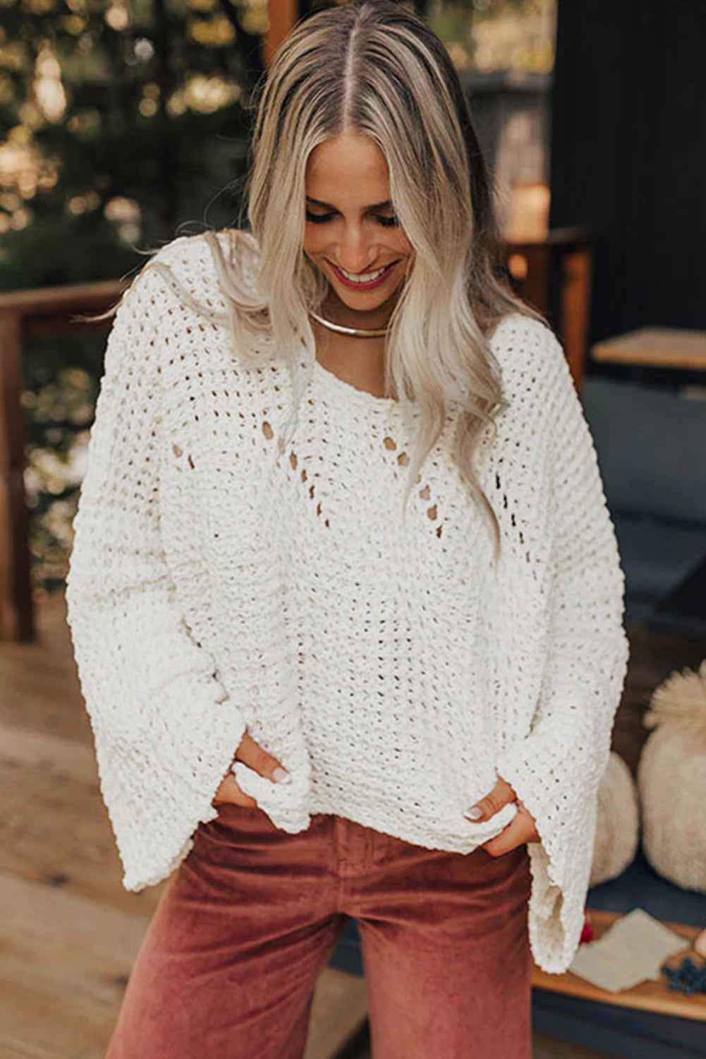 Camel Hollowed Detail Wide Sleeve Loose Pullover Sweater bcfa81705e1ae5dc