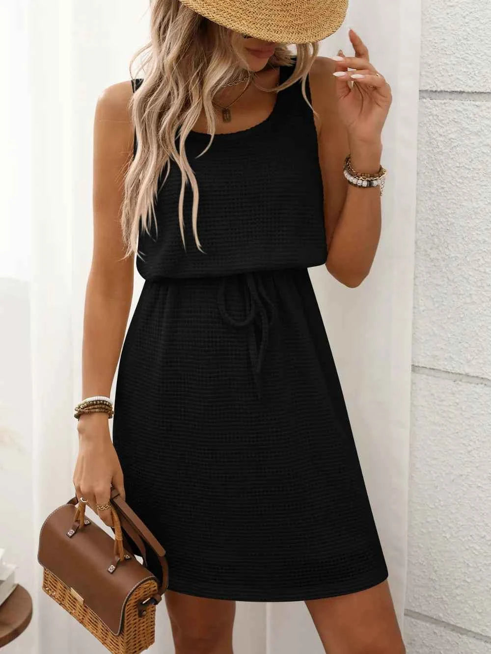 Waffle-Knit Drawstring Mini Tank Dress Black bd00e689-8cf6-4ec3-93c6-8f9d08536c36-Max