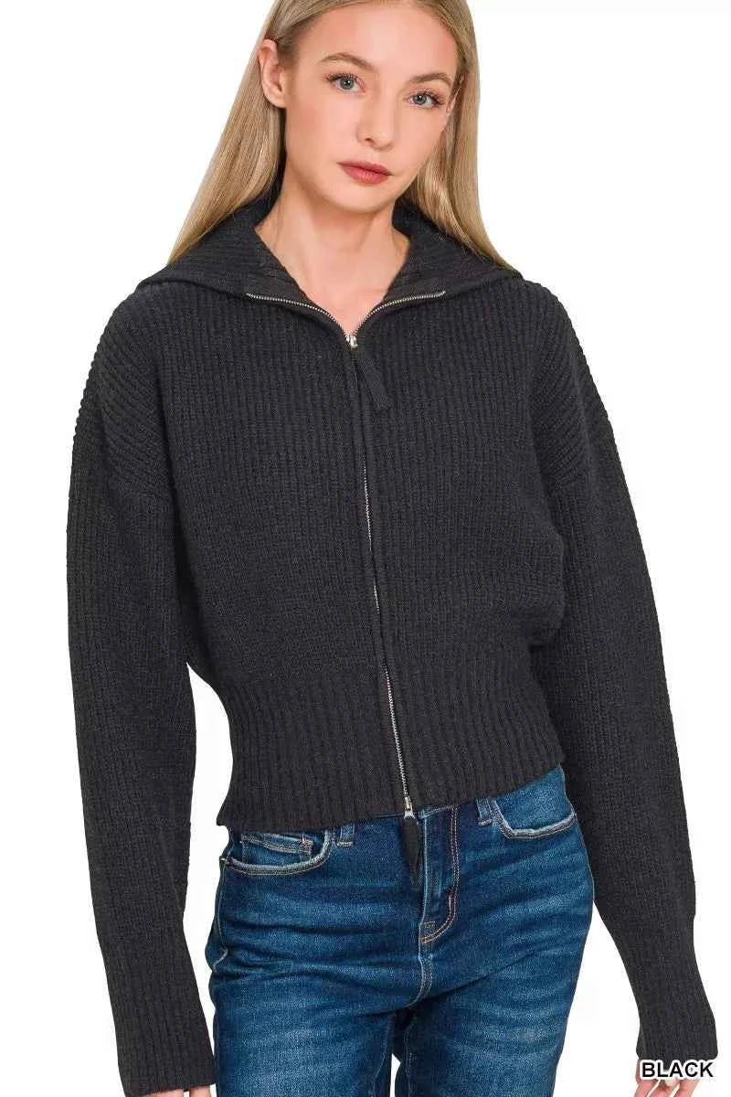 Zenana Ribbed Collared Zip Up Sweater Cardigan BLACK bd02ac6f841442c388e863b484f37288-Max-Origin