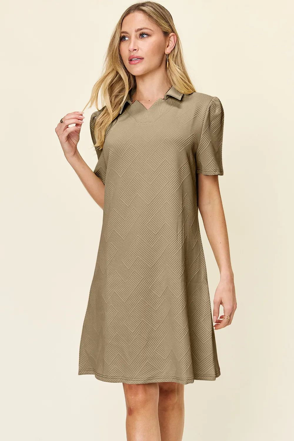 Double Take Full Size Texture Collared Neck Short Sleeve Dress Khaki bd0805d8-1f8a-4496-bba0-66b16945232a-Max