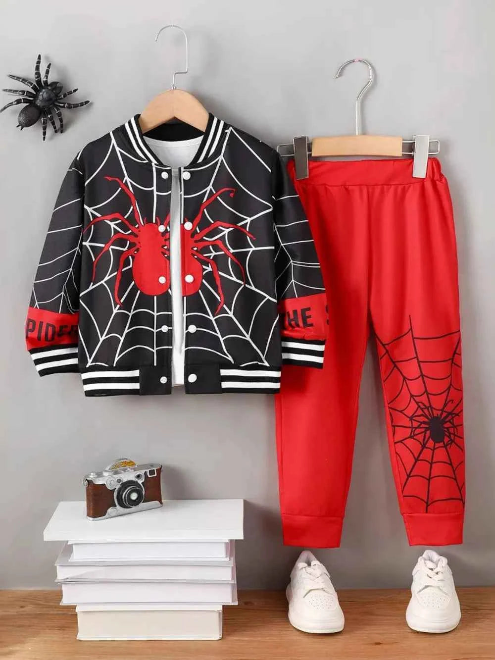 Spider Baseball Collar Top and Pants Set Black Red bd09a5e9-7e3b-4957-a83c-9f7ede9a66ce-Max