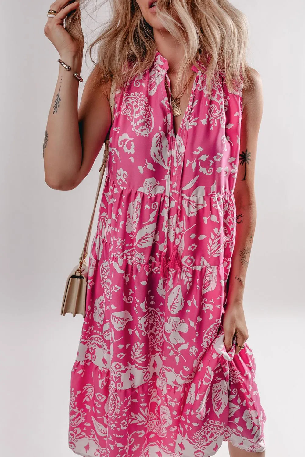Floral Sleeveless Tasseled Tie Neck Tiered Midi Dress bd0a47d1-c572-42e6-bc77-4b437b942a00-Max