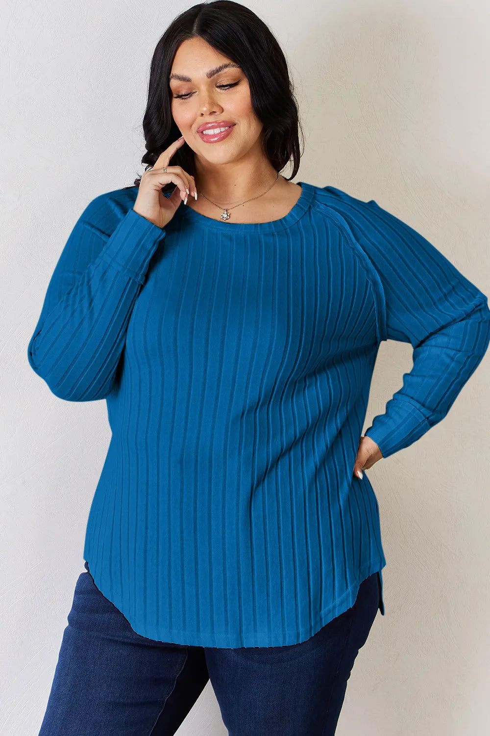 Basic Bae Full Size Ribbed Round Neck Slit T-Shirt bd0b313c-9744-498c-856b-8293276fb6d8-Max