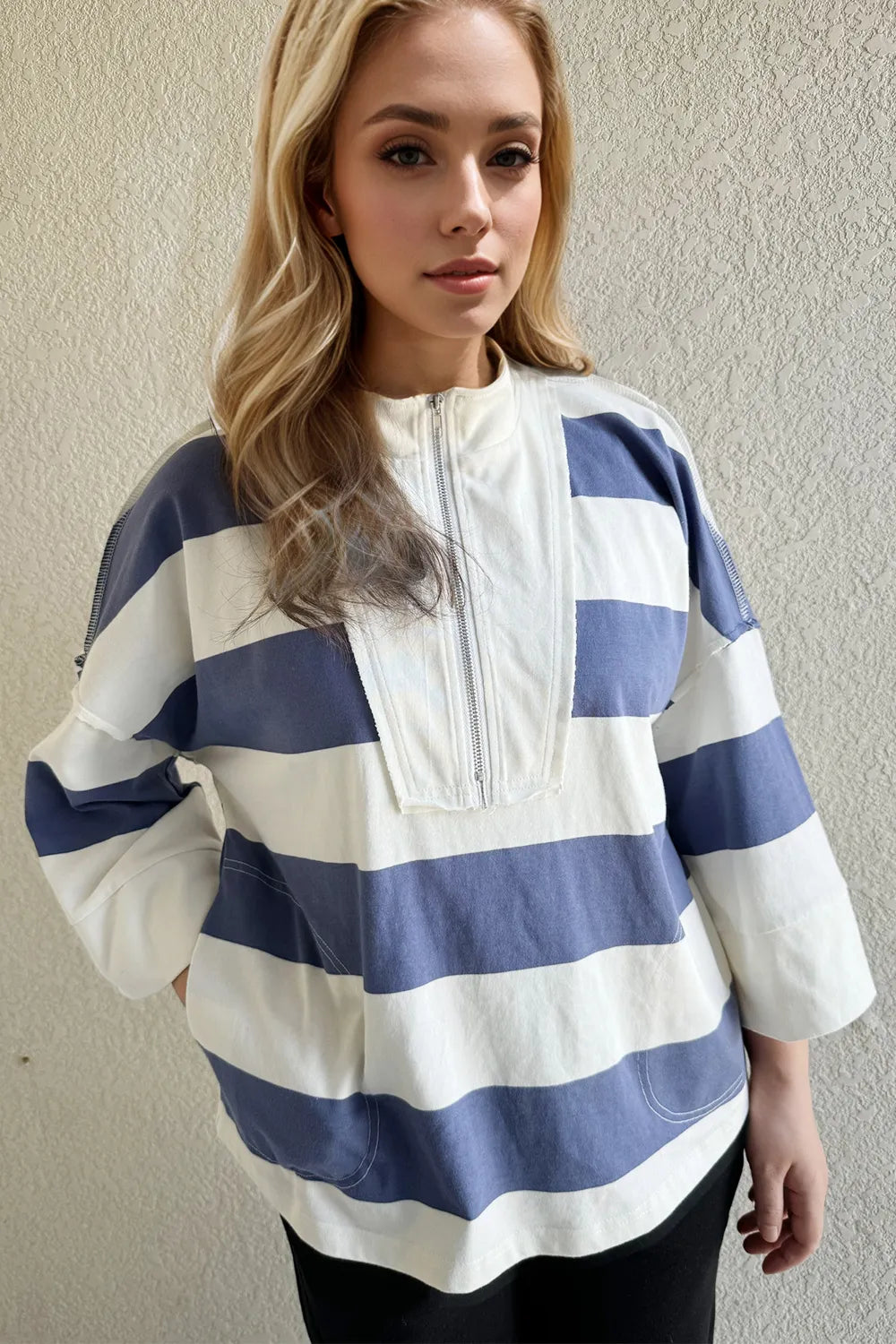 Oh Pima Cotton Wash Striped Half Zip Mock Neck Long Sleeve Top bd0de76c-3427-49fa-b89b-6bca1487146c-Max