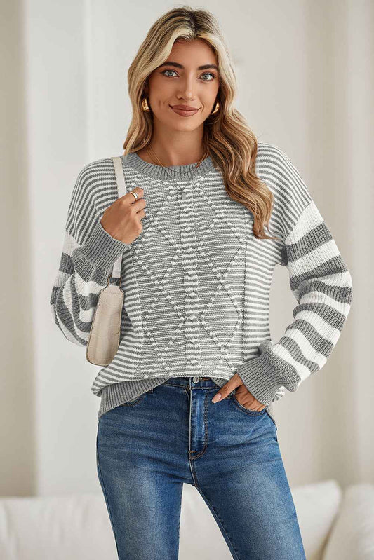 Gray Stripe Twisted Knitted Drop Shoulder Sweater bd12aa961ec89236