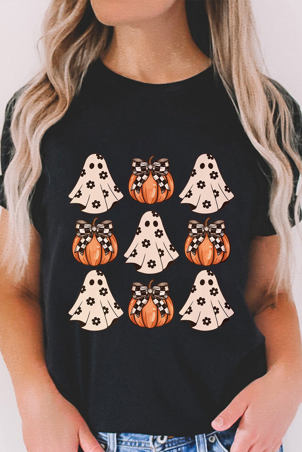 Black Halloween Ghost Pumpkin Graphic Crew Neck T Shirt bd12e295ffb761ac
