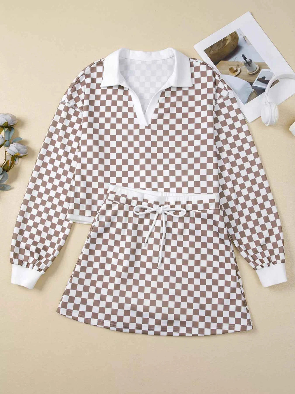 Checkered Print Polo Collar Cropped Long Sleeve Top and Drawstring Mini Skirt Set bd15c2698bf048939d1c94f9740f1116-Max-Origin