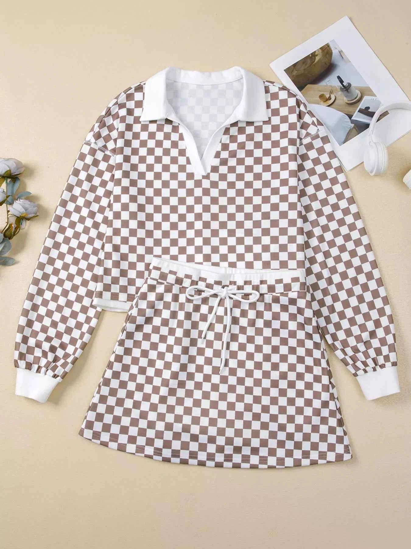 Checkered Print Polo Collar Cropped Long Sleeve Top and Drawstring Mini Skirt Set bd15c2698bf048939d1c94f9740f1116-Max-Origin