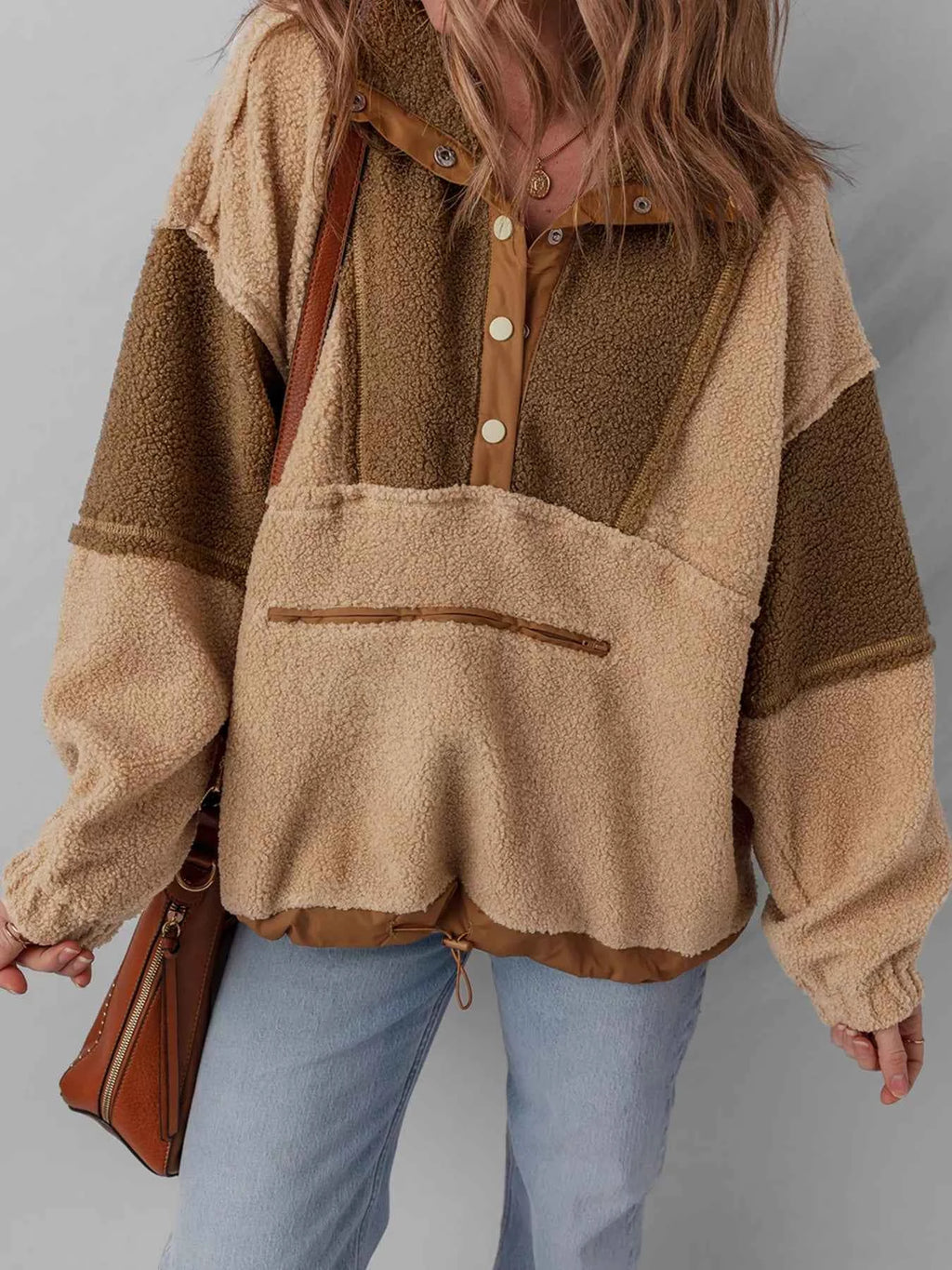 Color Block Patchwork Half Button Sherpa Sweatshirt bd1d1e17e10644c8a504c0cc9aa7373e-Max-Origin